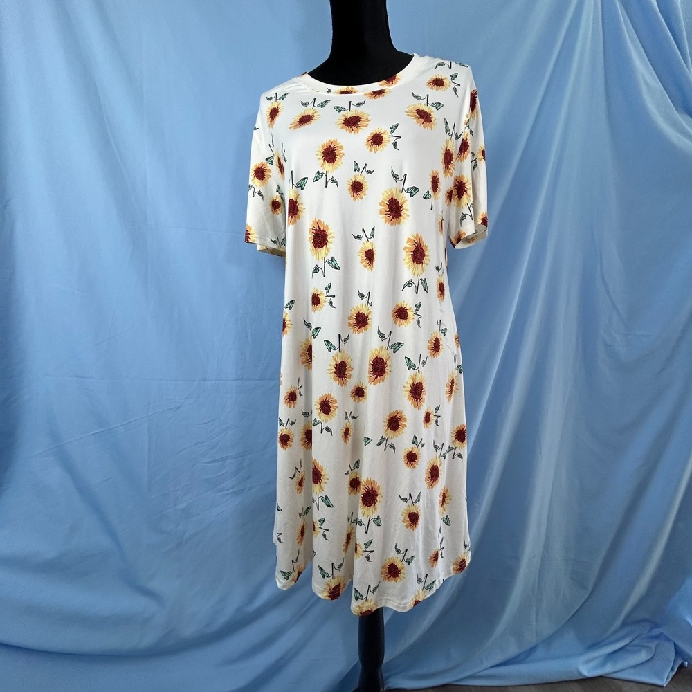Molerani T Shirt Dress Women XL White Sunflower Print Stretch Round Neck Comfort